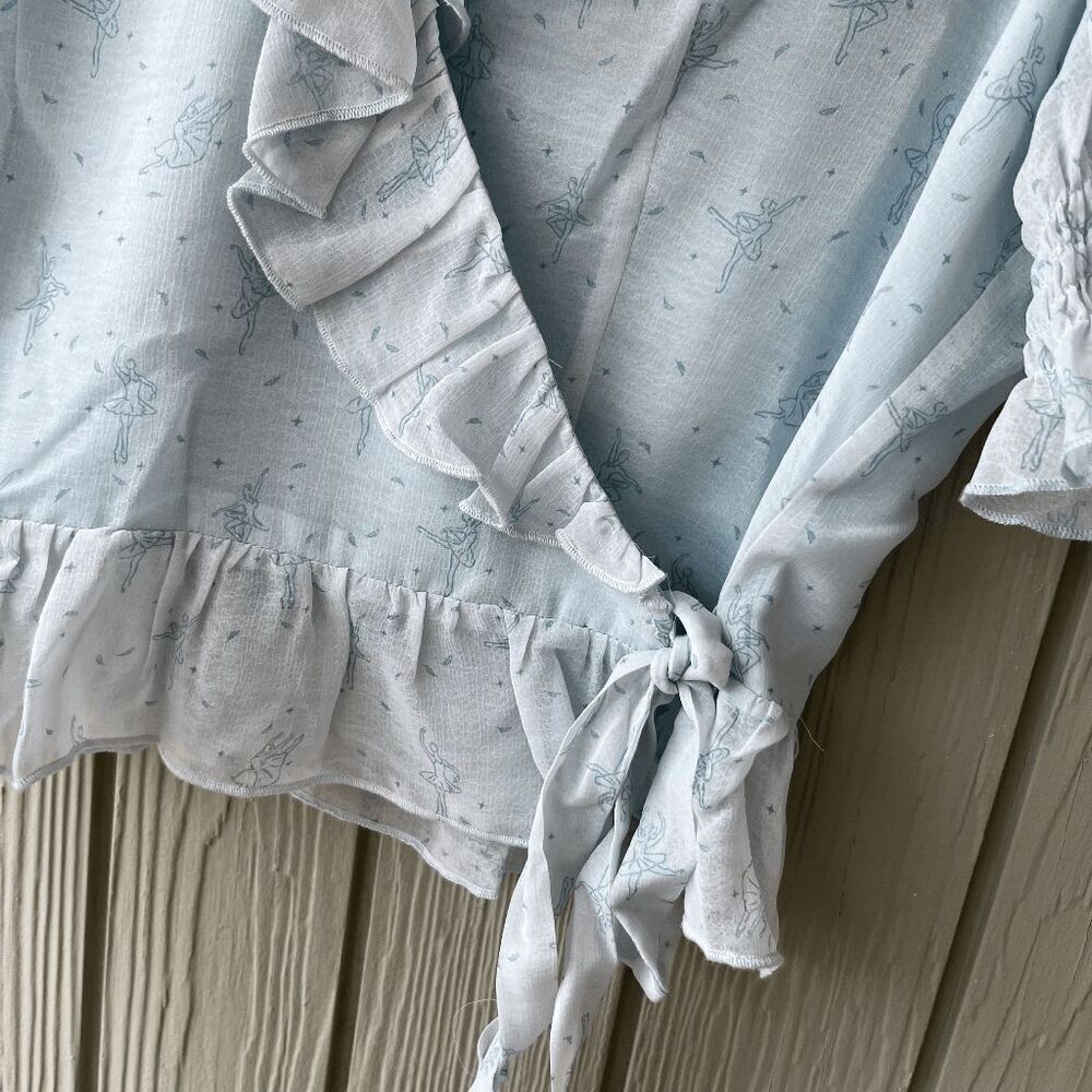 Simple Retro Ballet Wrap Top – Blue Ruffle Blouse with Lining – Size Small - Picture 8 of 10